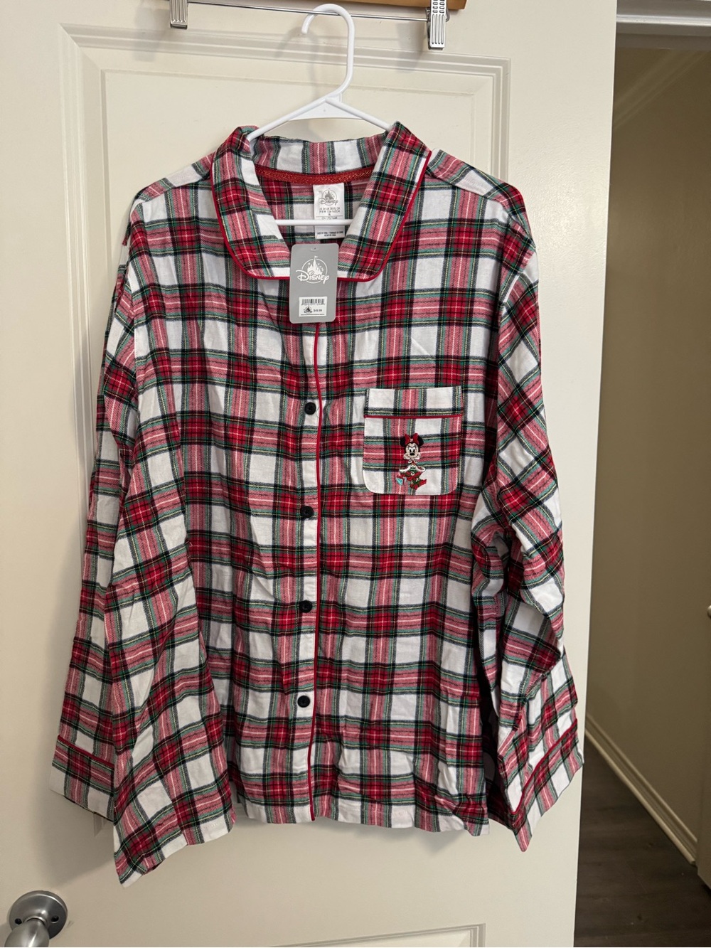 Disney Red, Green, White Plaid Button-Up Pajama Top